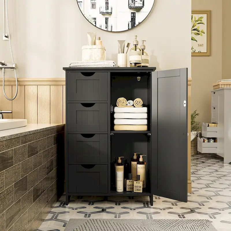 Meuble de salle de bain en bois, Meuble de rangement sur pied avec 4 tiroirs et 1 placard