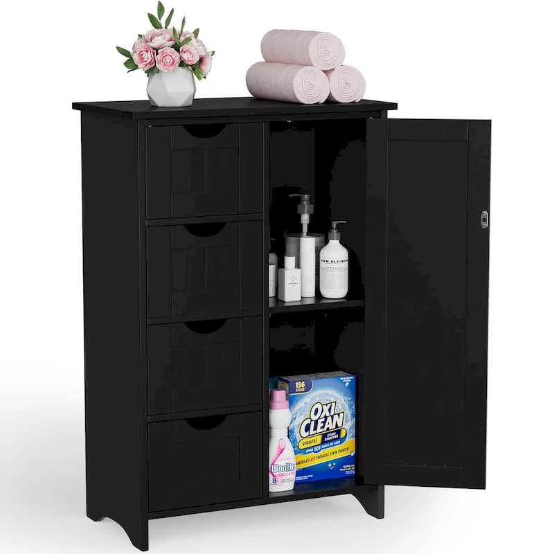 Meuble de salle de bain en bois, Meuble de rangement sur pied avec 4 tiroirs et 1 placard
