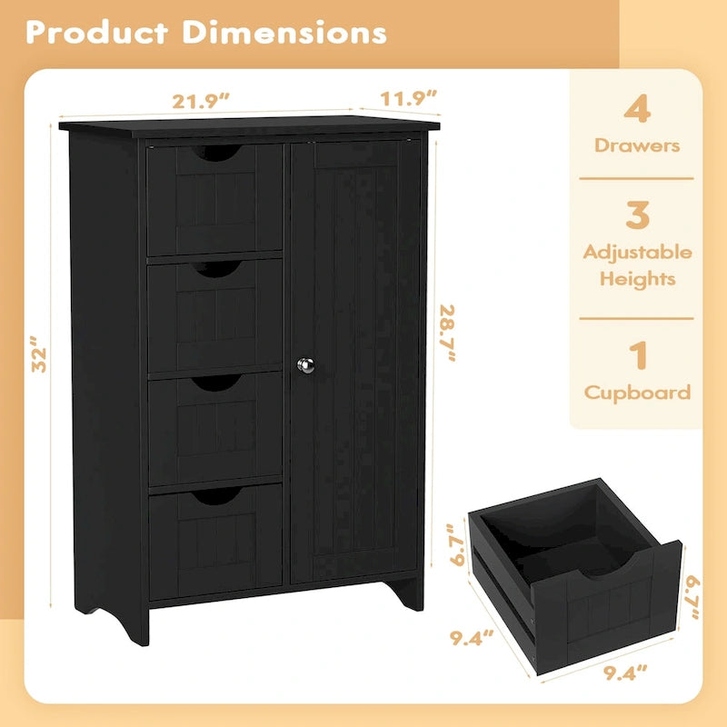 Meuble de salle de bain en bois, Meuble de rangement sur pied avec 4 tiroirs et 1 placard