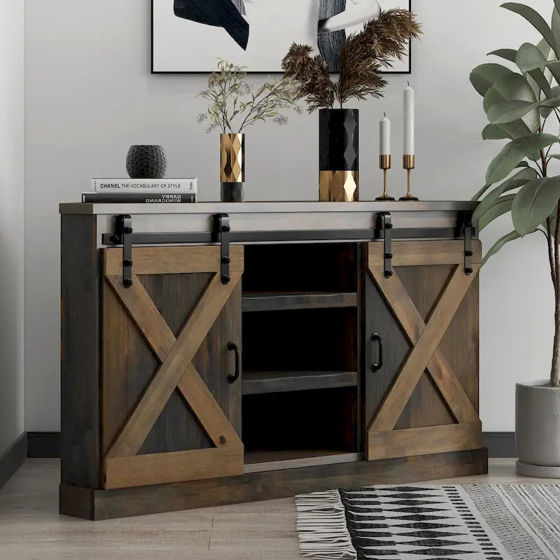 Meuble TV d'angle de style rustique de 56 po pour téléviseurs jusqu'à 60 po, aucun assemblage requis, fini bois de grange