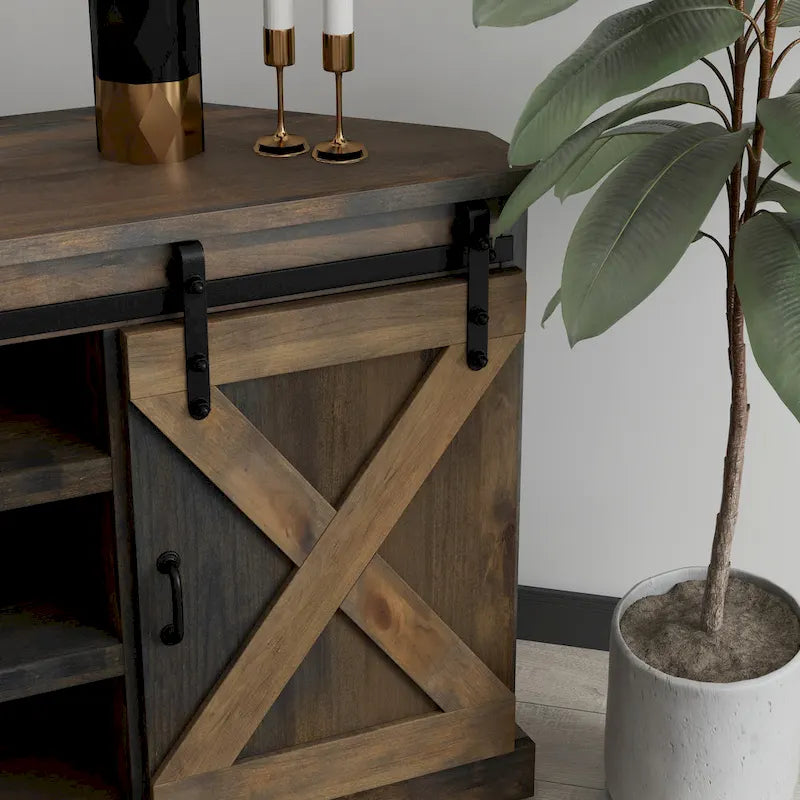 Meuble TV d'angle de style rustique de 56 po pour téléviseurs jusqu'à 60 po, aucun assemblage requis, fini bois de grange