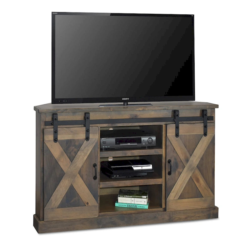 Meuble TV d'angle de style rustique de 56 po pour téléviseurs jusqu'à 60 po, aucun assemblage requis, fini bois de grange