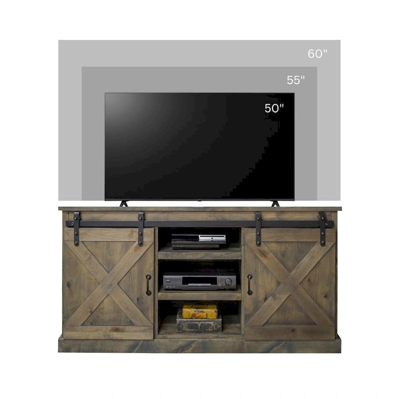 Meuble TV d'angle de style rustique de 56 po pour téléviseurs jusqu'à 60 po, aucun assemblage requis, fini bois de grange