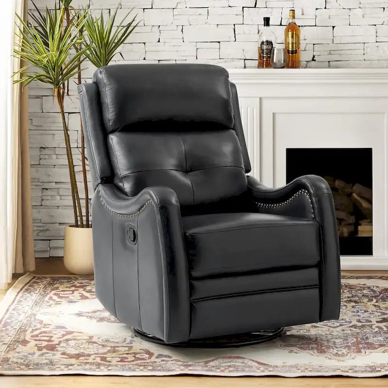 Fauteuil inclinable, pivotant et à bascule en cuir véritable avec clous décoratifs