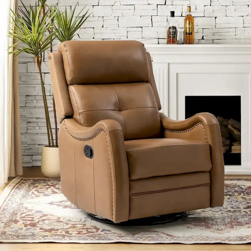 Fauteuil inclinable, pivotant et à bascule en cuir véritable avec clous décoratifs