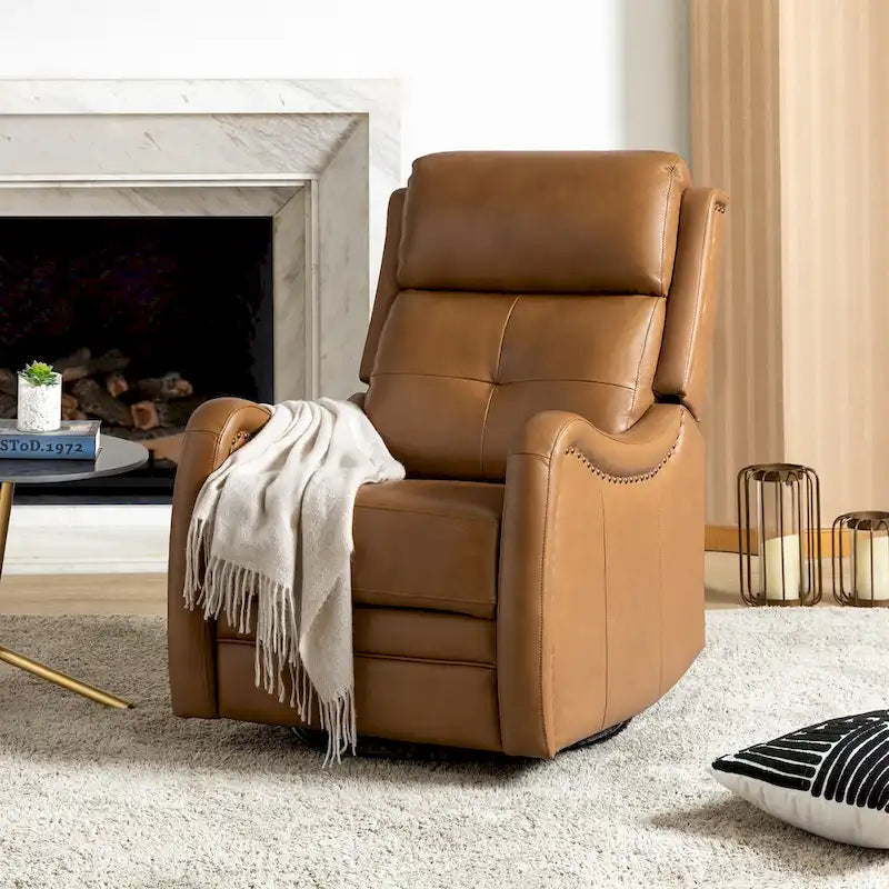 Fauteuil inclinable, pivotant et à bascule en cuir véritable avec clous décoratifs