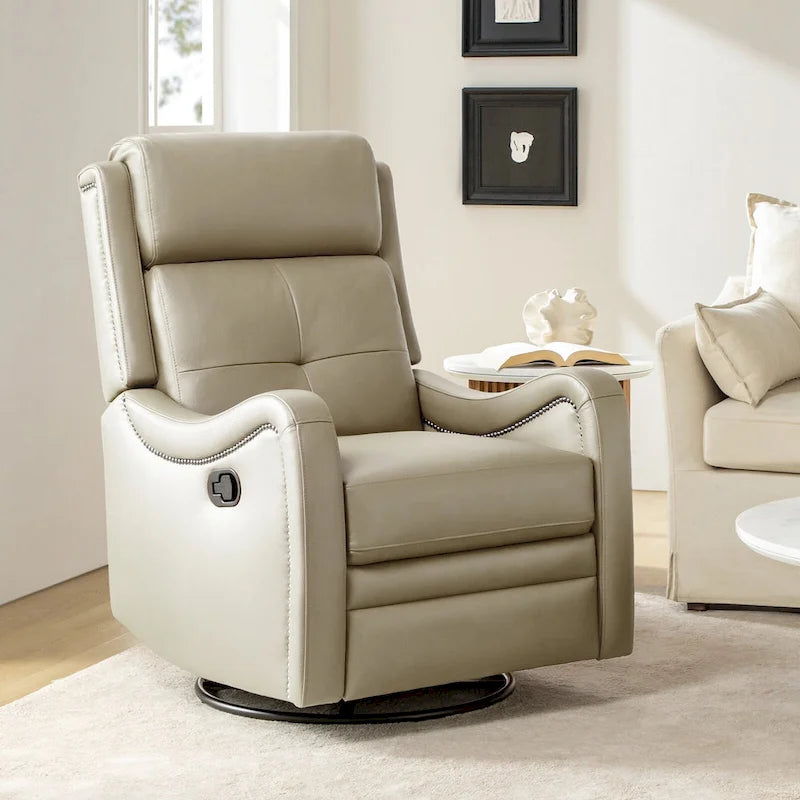Fauteuil inclinable, pivotant et à bascule en cuir véritable avec clous décoratifs