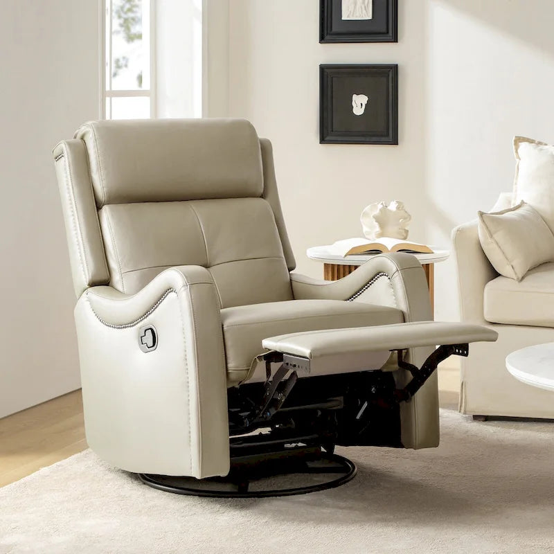 Fauteuil inclinable, pivotant et à bascule en cuir véritable avec clous décoratifs