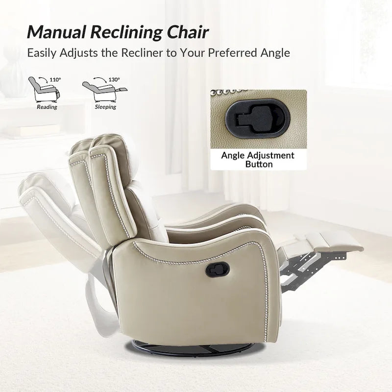 Fauteuil inclinable, pivotant et à bascule en cuir véritable avec clous décoratifs