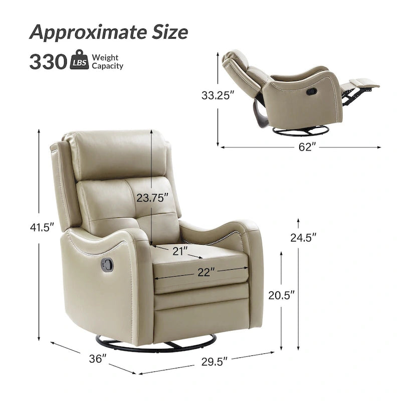 Fauteuil inclinable, pivotant et à bascule en cuir véritable avec clous décoratifs