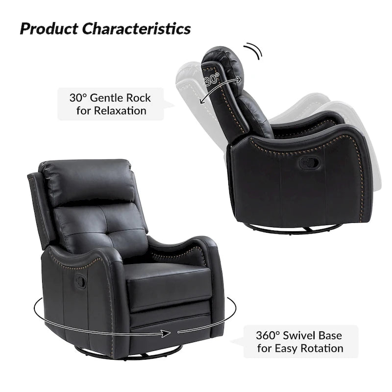 Fauteuil inclinable, pivotant et à bascule en cuir véritable avec clous décoratifs