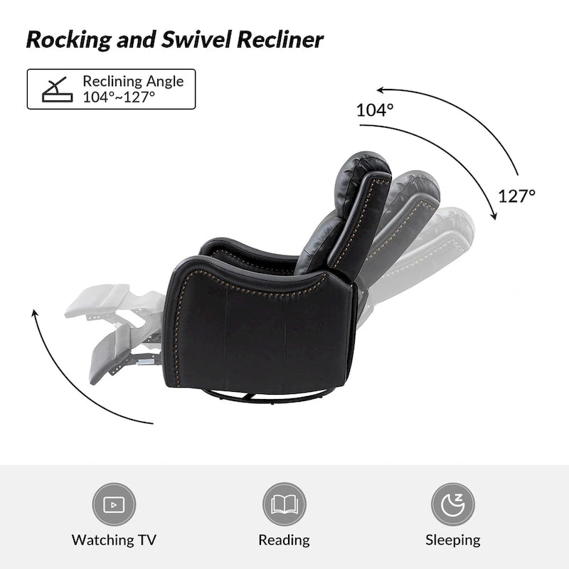 Fauteuil inclinable, pivotant et à bascule en cuir véritable avec clous décoratifs