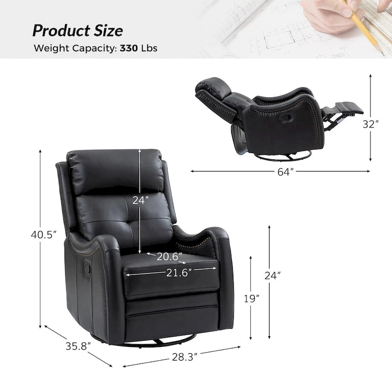 Fauteuil inclinable, pivotant et à bascule en cuir véritable avec clous décoratifs