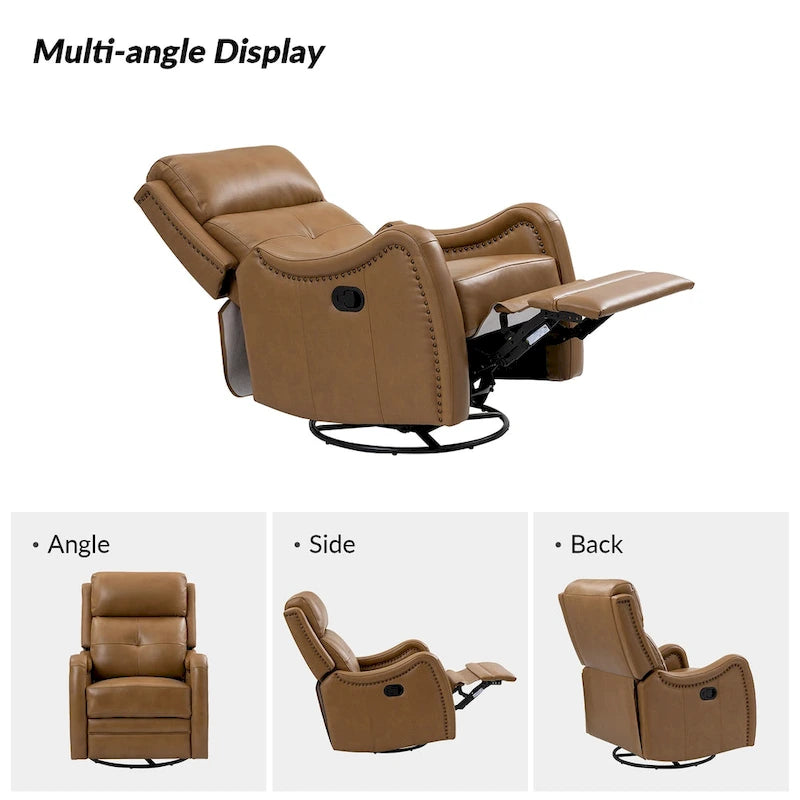 Fauteuil inclinable, pivotant et à bascule en cuir véritable avec clous décoratifs