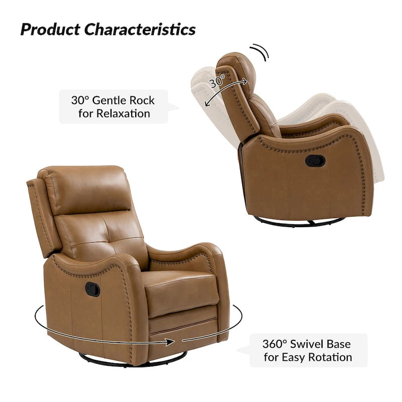 Fauteuil inclinable, pivotant et à bascule en cuir véritable avec clous décoratifs