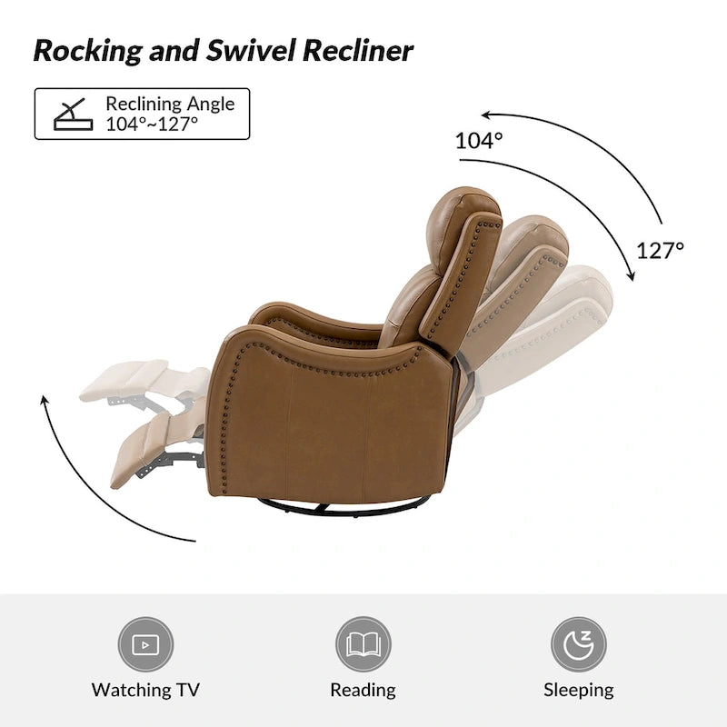 Fauteuil inclinable, pivotant et à bascule en cuir véritable avec clous décoratifs