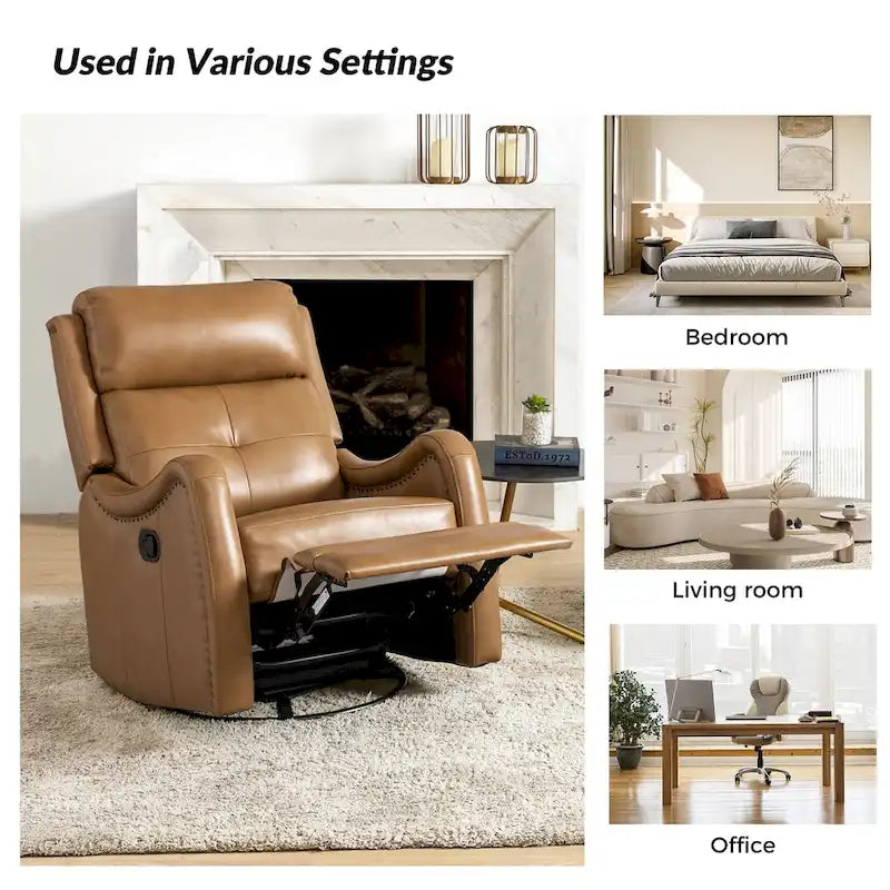 Fauteuil inclinable, pivotant et à bascule en cuir véritable avec clous décoratifs