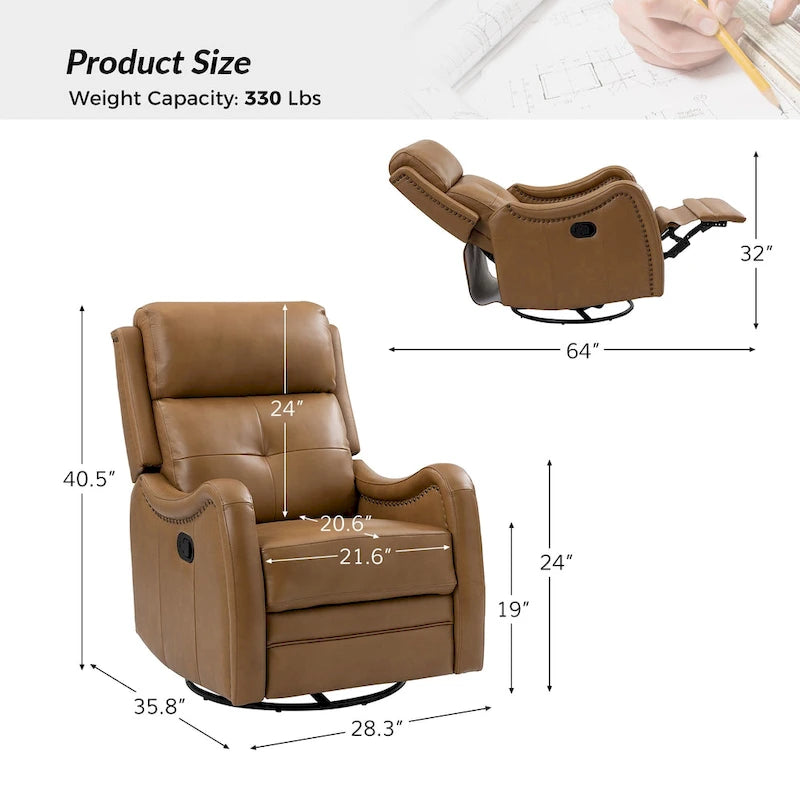 Fauteuil inclinable, pivotant et à bascule en cuir véritable avec clous décoratifs