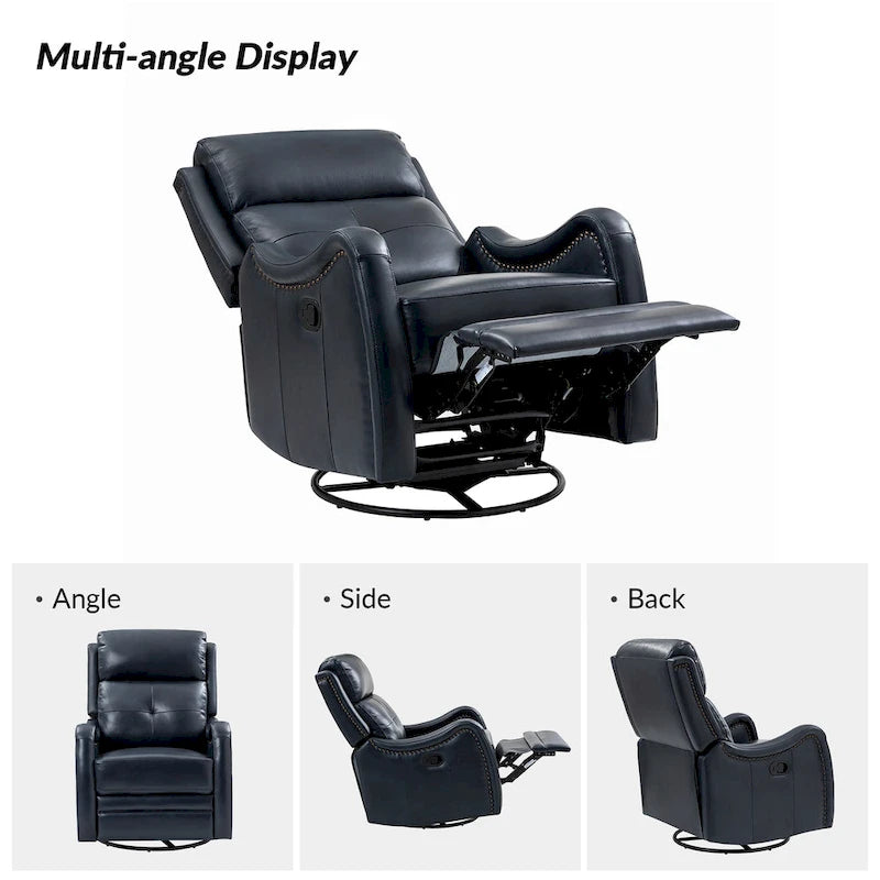 Fauteuil inclinable, pivotant et à bascule en cuir véritable avec clous décoratifs