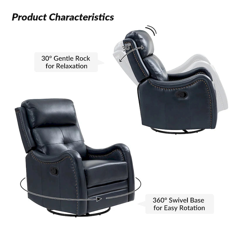 Fauteuil inclinable, pivotant et à bascule en cuir véritable avec clous décoratifs