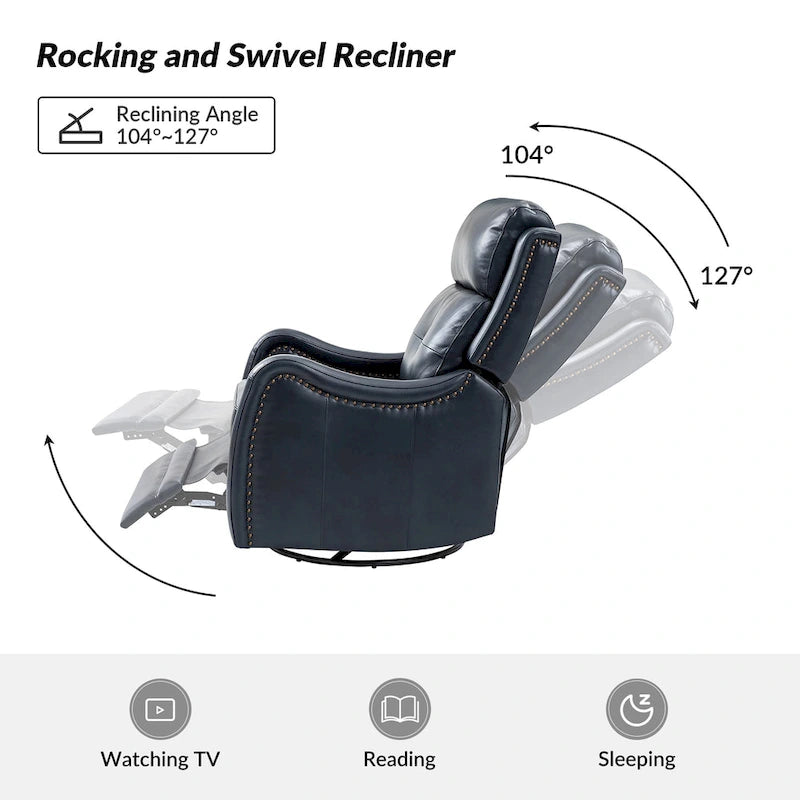 Fauteuil inclinable, pivotant et à bascule en cuir véritable avec clous décoratifs