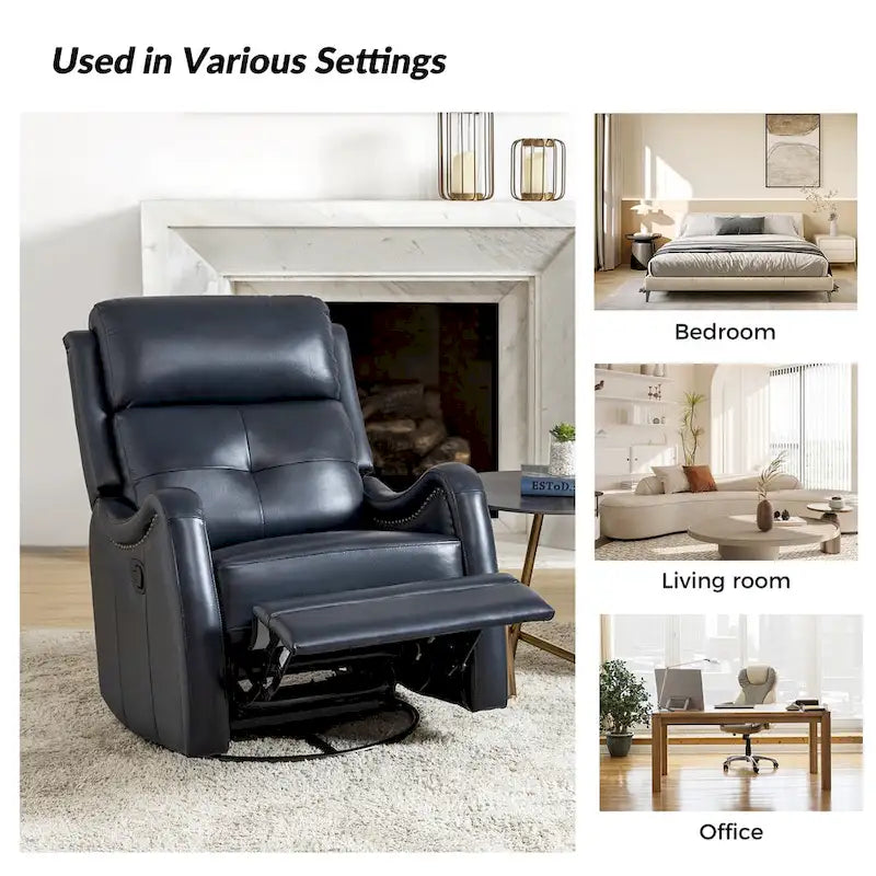 Fauteuil inclinable, pivotant et à bascule en cuir véritable avec clous décoratifs
