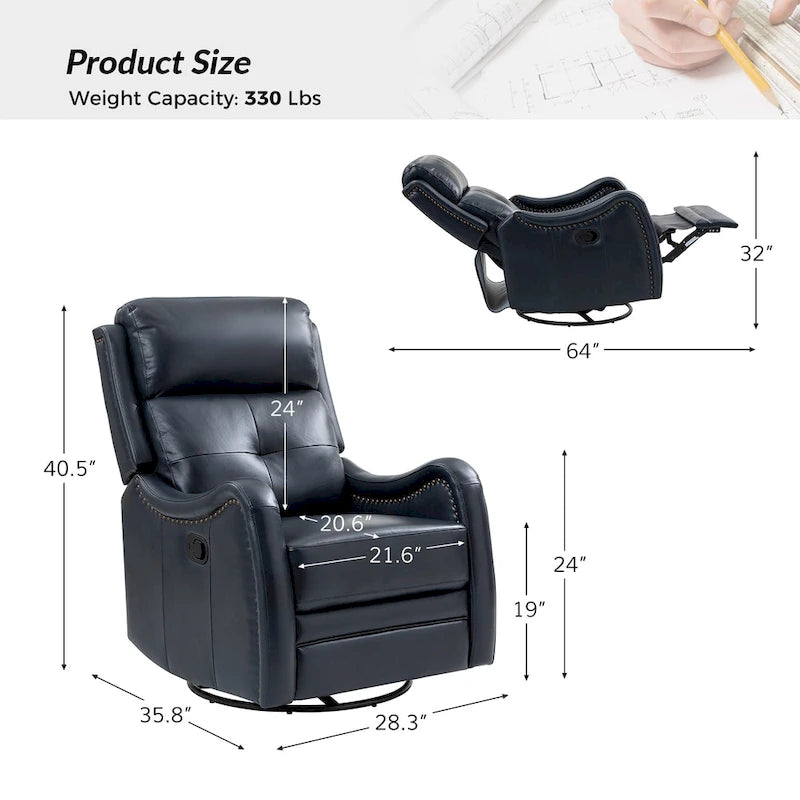 Fauteuil inclinable, pivotant et à bascule en cuir véritable avec clous décoratifs