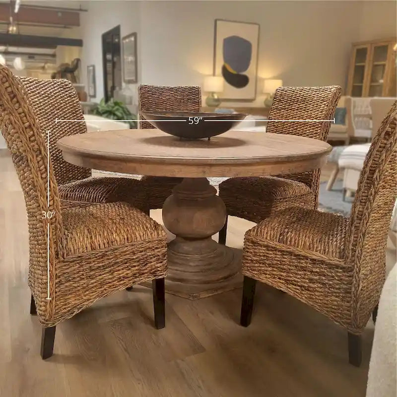 Table de salle à manger ronde de 59 po en pin recyclé naturel vieilli avec piédestal sculpté
