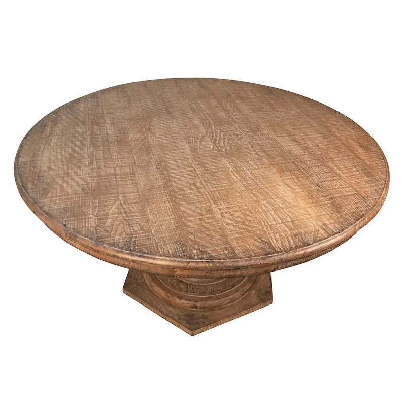 Table de salle à manger ronde de 59 po en pin recyclé naturel vieilli avec piédestal sculpté