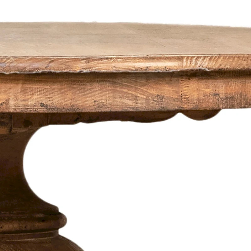 Table de salle à manger ronde de 59 po en pin recyclé naturel vieilli avec piédestal sculpté