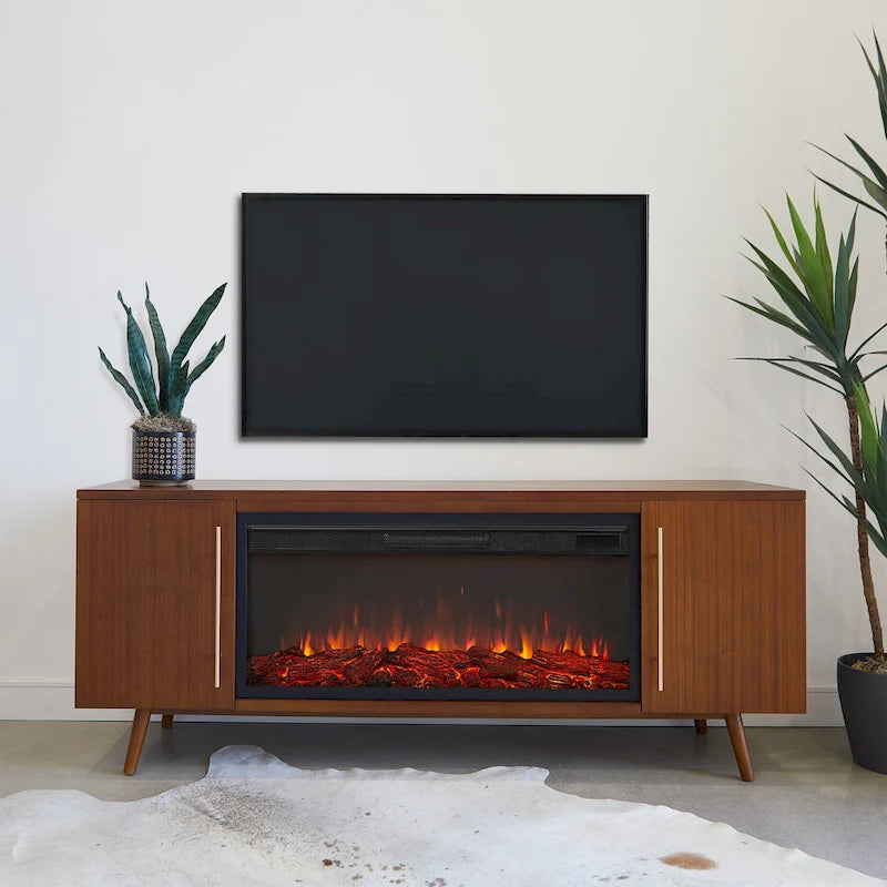 Meuble TV avec cheminée électrique 72 po en érable noir vintage