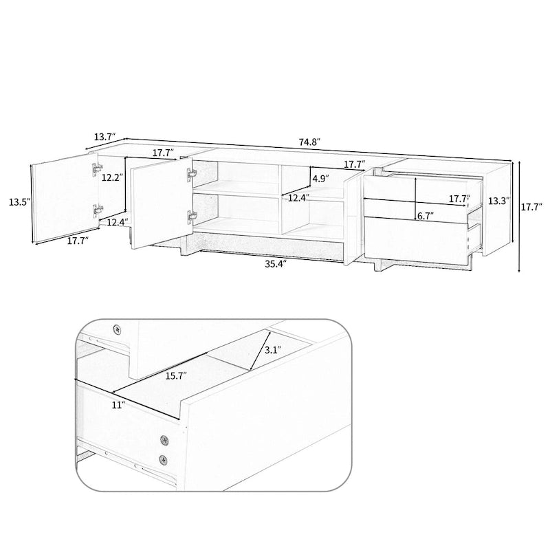 Meuble TV rectangulaire moderne pour téléviseurs jusqu'à 80 po avec surface UV laquée très brillante