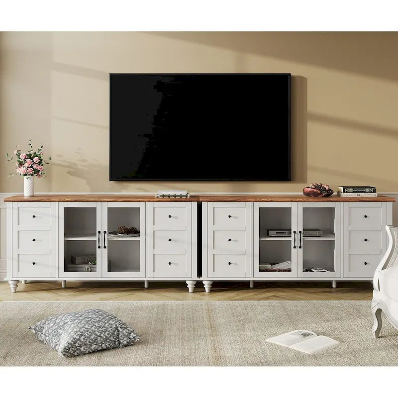 Meuble TV de ferme avec rangement, meuble console de divertissement en verre et bois