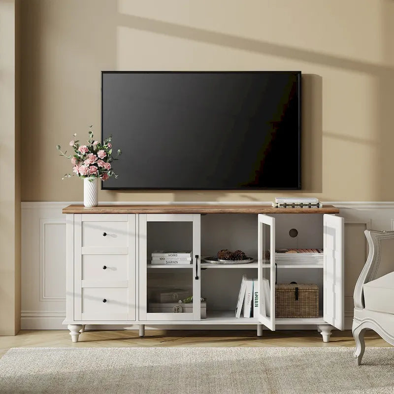 Meuble TV de ferme avec rangement, meuble console de divertissement en verre et bois