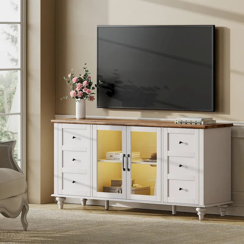 Meuble TV de ferme avec rangement, meuble console de divertissement en verre et bois