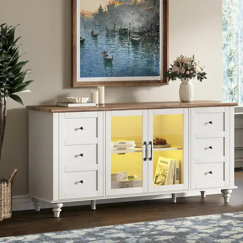 Meuble TV de ferme avec rangement, meuble console de divertissement en verre et bois