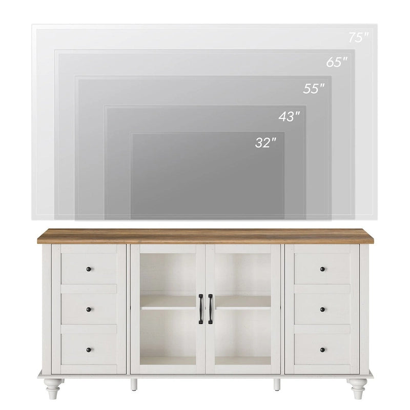 Meuble TV de ferme avec rangement, meuble console de divertissement en verre et bois