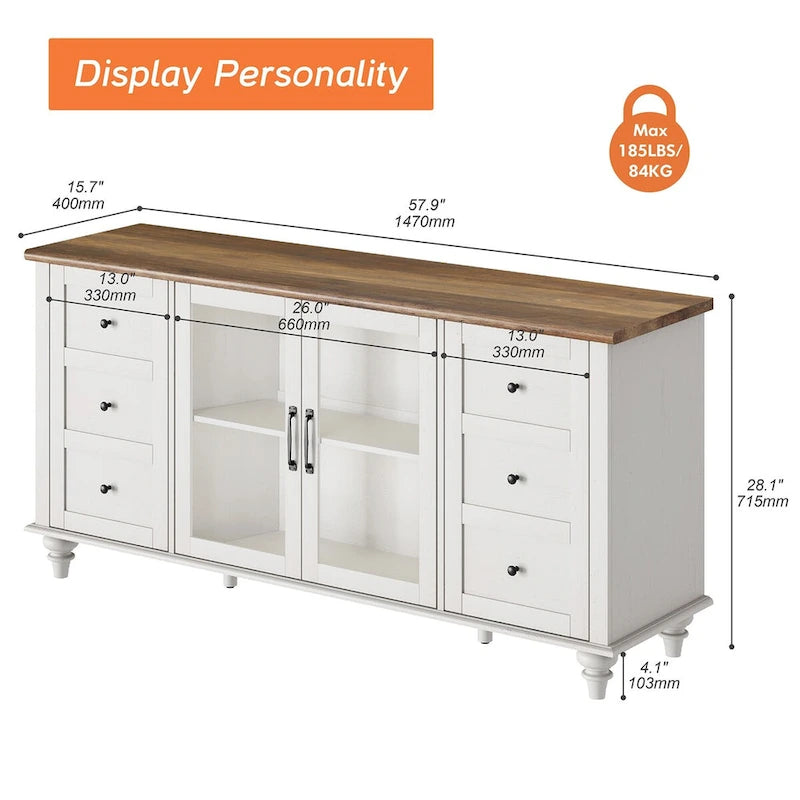 Meuble TV de ferme avec rangement, meuble console de divertissement en verre et bois