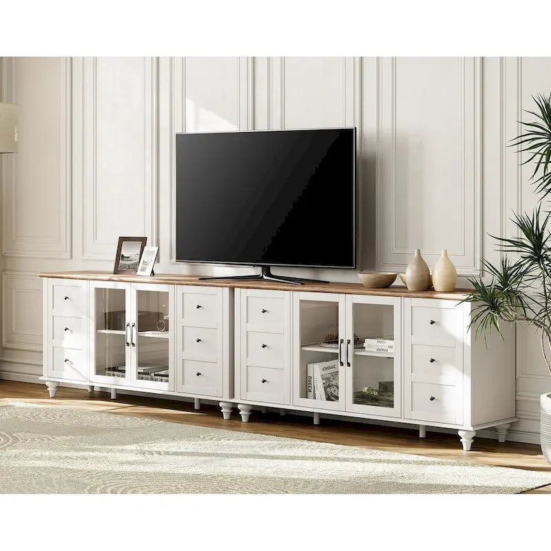 Meuble TV de ferme avec rangement, meuble console de divertissement en verre et bois