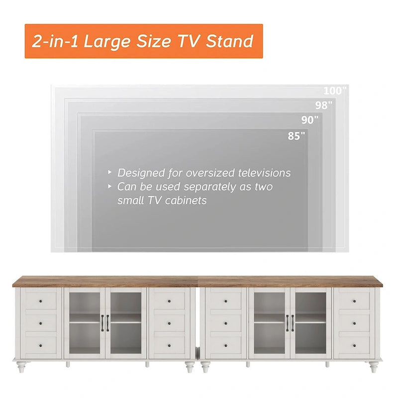 Meuble TV de ferme avec rangement, meuble console de divertissement en verre et bois