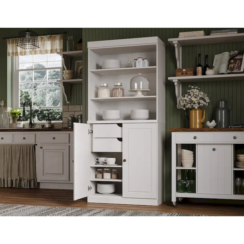 Meuble de rangement de cuisine en bois massif à 100 % avec 2 portes en verre transparent ou en bois massif et organisateur à 2 tiroirs