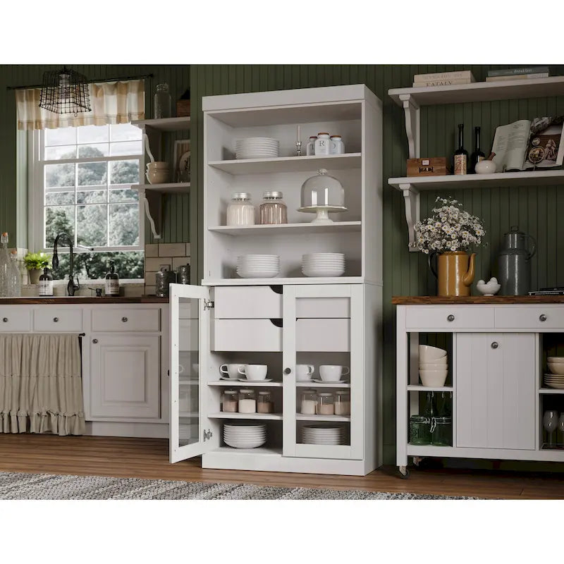 Meuble de rangement de cuisine en bois massif à 100 % avec 2 portes en verre transparent ou en bois massif et organisateur à 2 tiroirs
