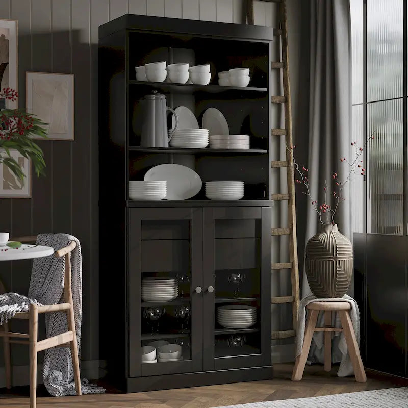 Meuble de rangement de cuisine en bois massif à 100 % avec 2 portes en verre transparent ou en bois massif et organisateur à 2 tiroirs