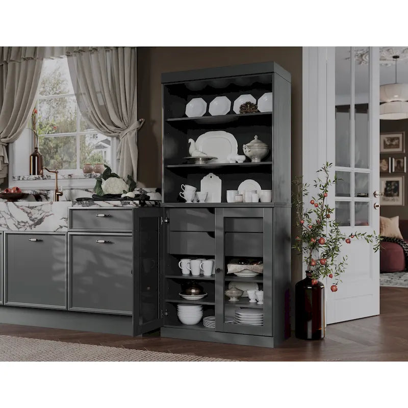 Meuble de rangement de cuisine en bois massif à 100 % avec 2 portes en verre transparent ou en bois massif et organisateur à 2 tiroirs