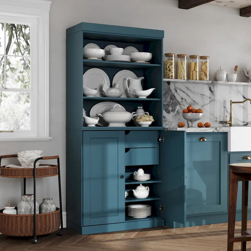 Meuble de rangement de cuisine en bois massif à 100 % avec 2 portes en verre transparent ou en bois massif et organisateur à 2 tiroirs