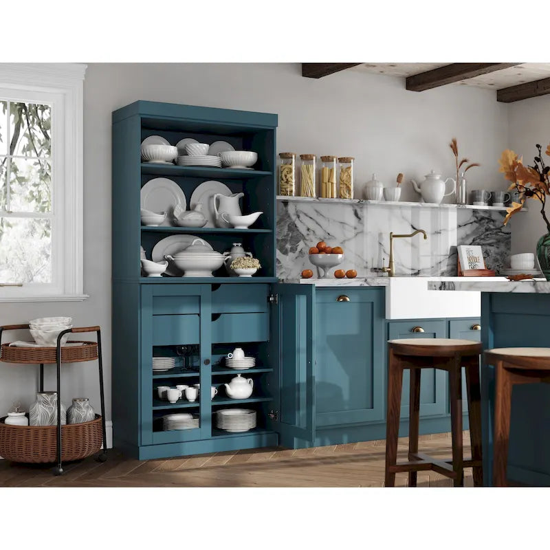 Meuble de rangement de cuisine en bois massif à 100 % avec 2 portes en verre transparent ou en bois massif et organisateur à 2 tiroirs