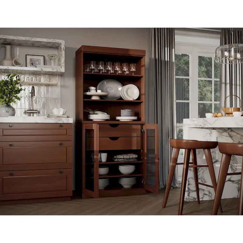 Meuble de rangement de cuisine en bois massif à 100 % avec 2 portes en verre transparent ou en bois massif et organisateur à 2 tiroirs