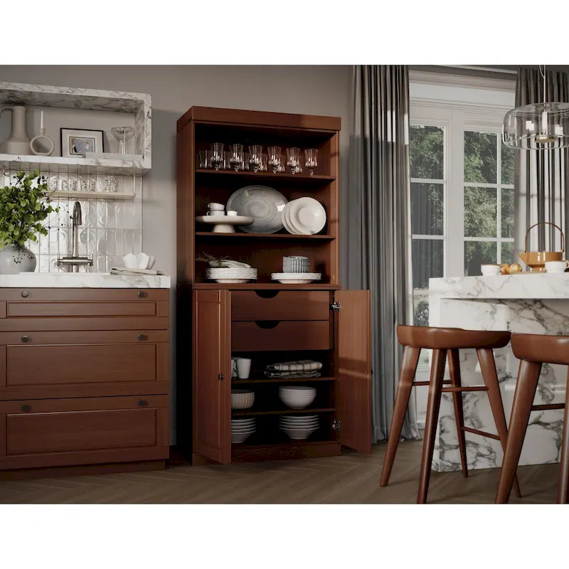 Meuble de rangement de cuisine en bois massif à 100 % avec 2 portes en verre transparent ou en bois massif et organisateur à 2 tiroirs