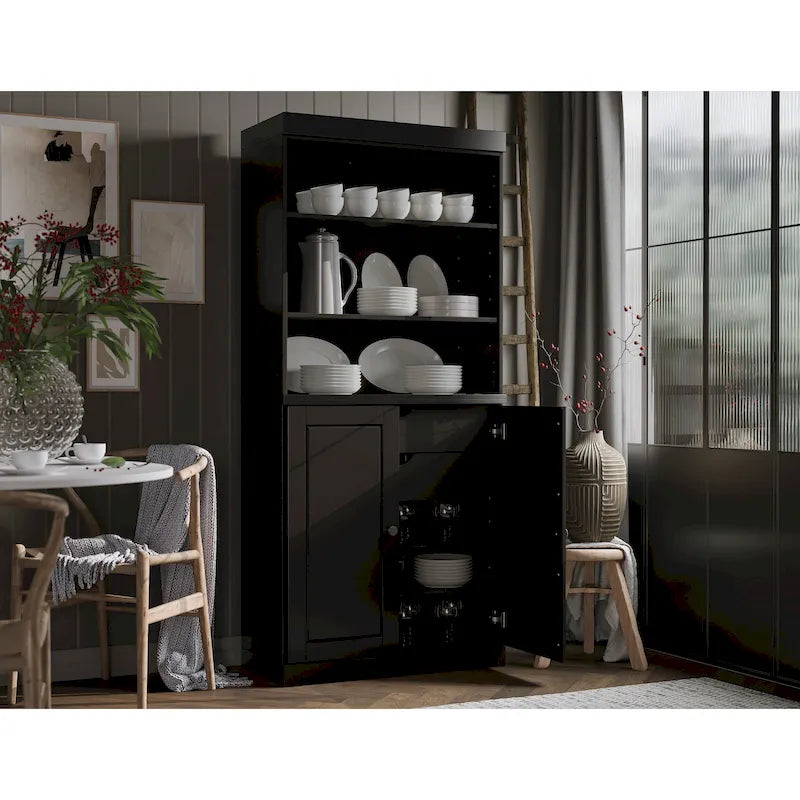 Meuble de rangement de cuisine en bois massif à 100 % avec 2 portes en verre transparent ou en bois massif et organisateur à 2 tiroirs