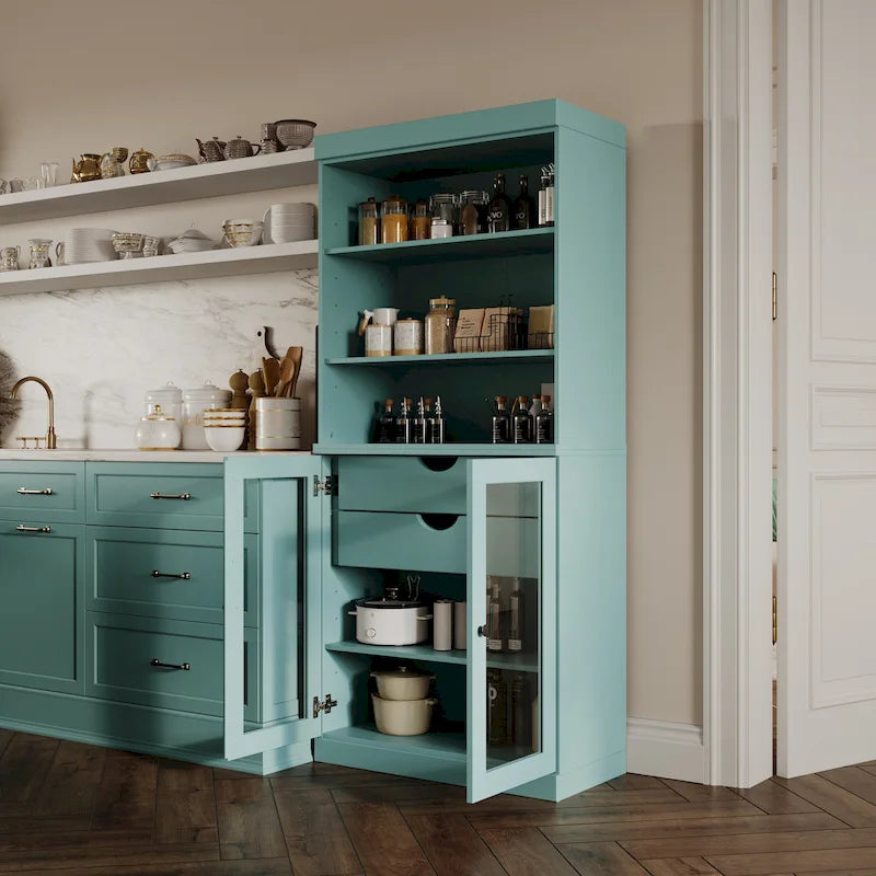 Meuble de rangement de cuisine en bois massif à 100 % avec 2 portes en verre transparent ou en bois massif et organisateur à 2 tiroirs